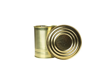 PNG, three tin cans in a gold tin, isolated on a white background.