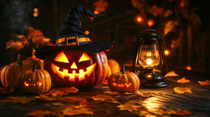 Naklejka premium Warm Halloween Scene with Carved Pumpkins, Witch's Hat, and Leaves.