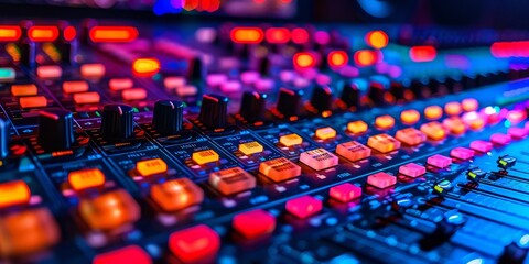 Fototapeta premium Vibrant Audio Mixer Console in Neon Studio Lighting