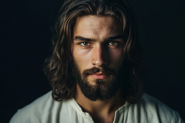 Obraz premium Handsome young man as Jesus Christ on black background.