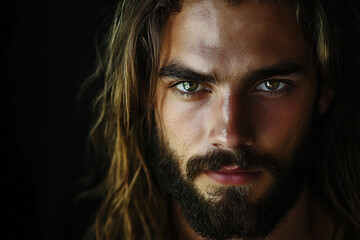 Handsome young man as Jesus Christ on black background.
