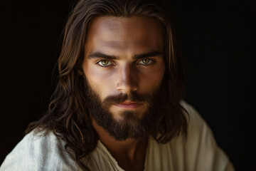 Handsome young man as Jesus Christ on black background.