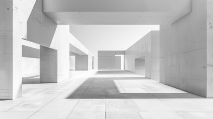 Obraz premium Minimalist white concrete building with geometric cutouts and shadows