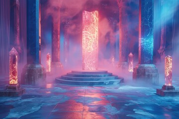 Glowing Totems in a Mystical Hallway