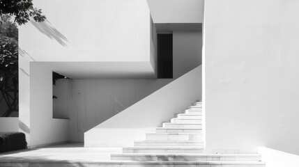 Obraz premium Minimalist white concrete building with geometric cutouts and shadows
