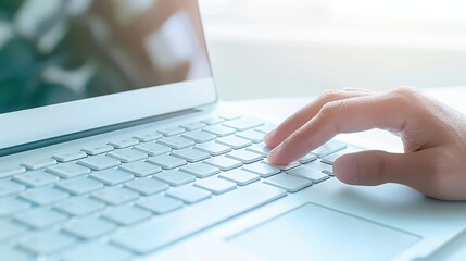 A close-up view of a hand typing on a laptop keyboard, capturing productivity in a modern workspace setting.