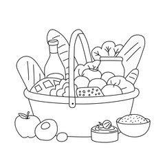 Line Art of a Picnic Basket Filled with Food and Drinks