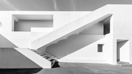 Fototapeta premium Minimalist white concrete building with geometric cutouts and shadows