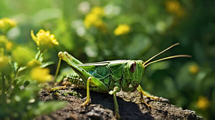 Fototapeta premium Green grasshopper in the wild with green blur background
