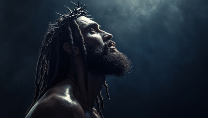 Profile of Jesus Christ with crown of thorns, dramatic lighting