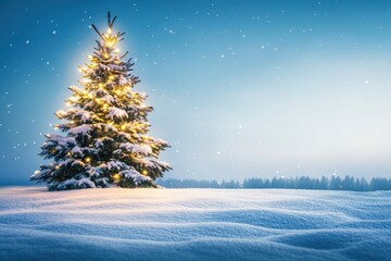 Fototapeta premium merry christmas background featuring a snow-covered landscape with a decorated pine tree on the left, twinkling fairy lights, and a clear blue sky, ample copy space on the right, dramatic dutch, ai