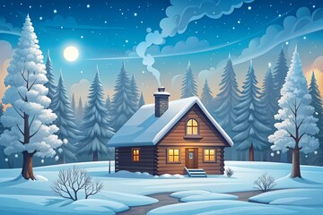 Fototapeta premium Cozy winter house vector design features a snow-covered cabin with smoke billowing from the chimney, surrounded by bare trees and a frozen winter wonderland landscape.