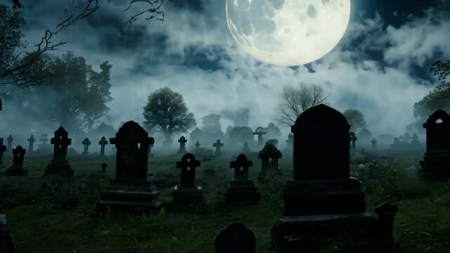 Halloween background. Close-up of an old rickety tombstone in an abandoned cemetery in the fog. Spooky landscape for a Halloween theme. FHD video.