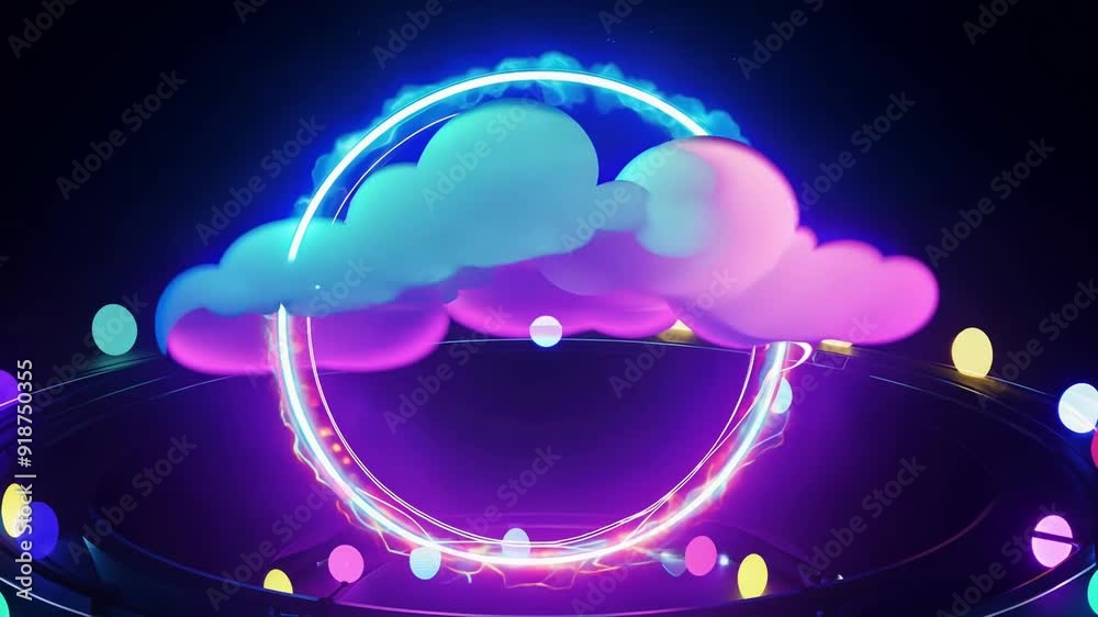 Poster animated clouds float within a glowing ring surrounded by colorful orbs, creating a captivating visu