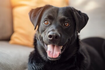 Happy black labrador retriever dog relaxing on sofa