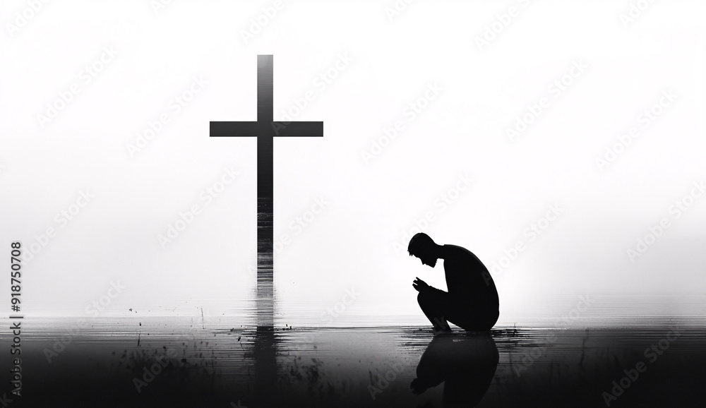 Wall mural Minimalistic black and white illustration of a praying man