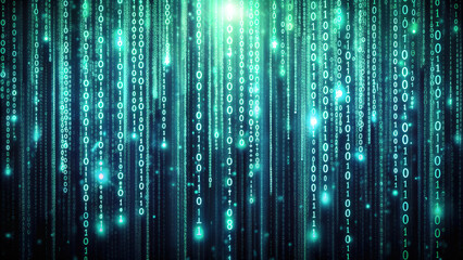 Vertical Streams of Glowing Green Binary Code on a Dark Background