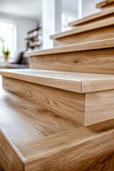 Fototapeta premium Close up of new oak wooden stairs in home interior.