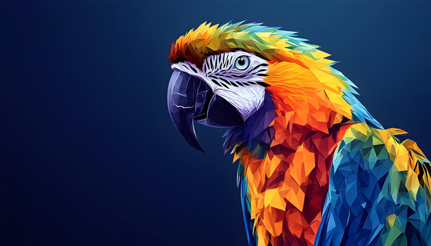 Polygonal illustration of a macaw birda??s head against a dark blue background