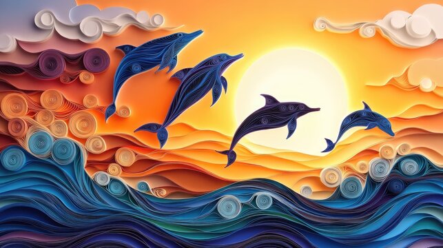 Papercraft Dolphins Leaping Over Ocean Waves Towards the Sunset