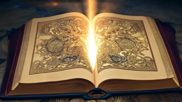 Open magic book with glowing pages. The pages of this magical book shimmer with light, transforming the ordinary into a realm of fantasy and adventure.