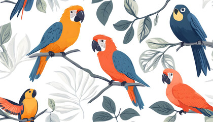 Seamless pattern illustration featuring tropical birds, designed for repetitive use.