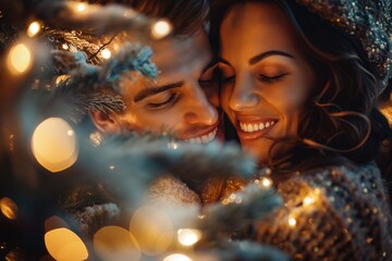 Happy couple sharing a romantic moment under christmas lights