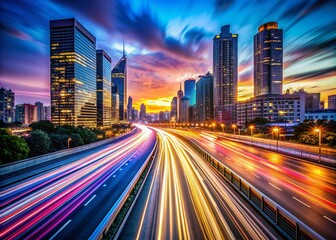 Fototapeta premium Dynamically blurred cityscape at dusk, vibrant streaks of light trail across the frame, capturing the frenetic energy of urban motion and speed.