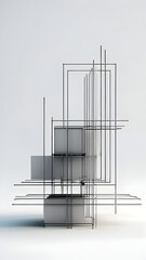 A minimalist 3D rendering of a wireframe structure composed of lines and planes, set against a neutral background, emphasizing simplicity and elegance.