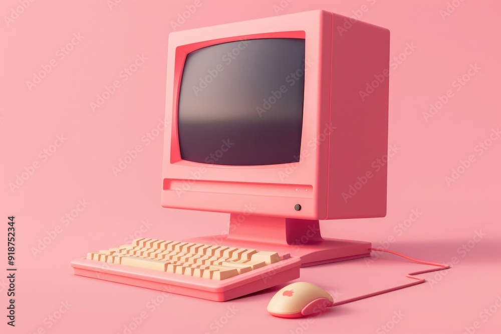 Poster a pink computer with a mouse and keyboard setup