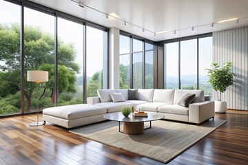 Fototapeta premium Elegant modern living room interior with sleek white walls, floor-to-ceiling windows, and a minimalist white sofa, perfect for adding text or graphics.