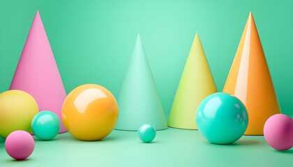 Vibrant spheres and cones illustration on a green 3D-rendered background