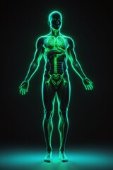 Human Anatomy - Skeleton and Muscles Glowing in Green Light.