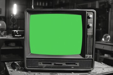 A classic black and white TV set with a green screen, ready for chroma keying