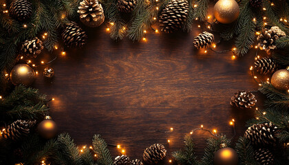 Winter holiday setup illustration in a flat lay, top view, featuring ornaments, pine cones, and lights with generous copy space