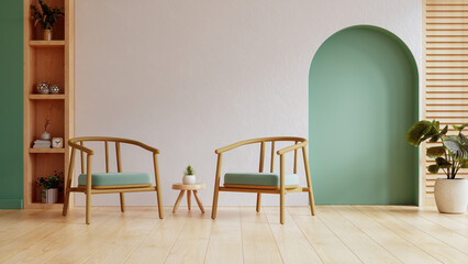 The room showcases a serene and simple design with two wooden chairs, a small table, and soft pastel accents, creating a peaceful seating area- 3D rendering