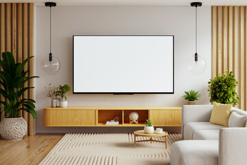Empty living room mock up of a TV wall with a large blank screen mounted above a wooden cabinet, surrounded by modern decor and greenery- 3D rendering