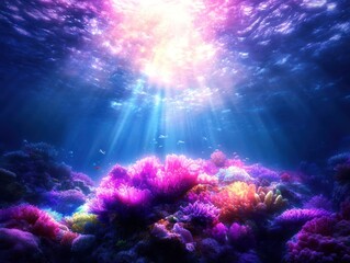 Fototapeta premium Vibrant coral reef in heart shape, underwater with sun rays