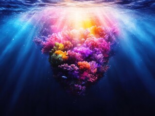 Naklejka premium Vibrant coral reef in heart shape, underwater with sun rays