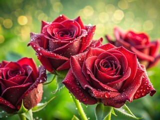 Freshly picked, velvety red roses glisten with delicate dew drops, radiating romance and serenity against a soft, blurred greenery background, exuding elegance and sophistication.