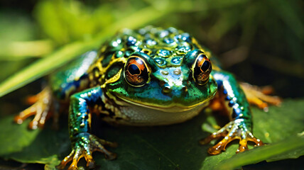 Fototapeta premium green frog in the wild with green blur background