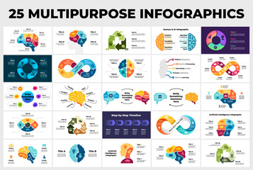 Infographics Pack. Artificial Intelligence. Human Brain Hemispheres. Circle arrows diagram. Infinity arrow chart. Ecology sustainability house. Timeline presentation template. Infographic design. 