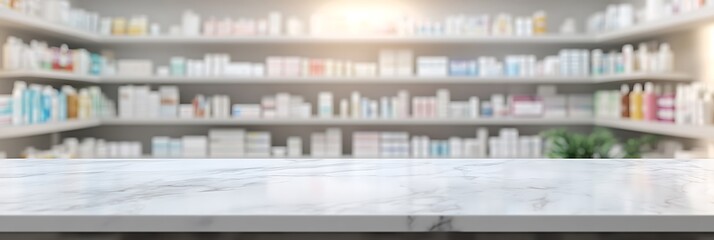 White shelf with cosmetics and pills in the background. pharmacy concept.