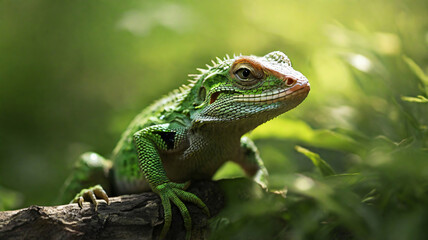 Fototapeta premium reptile in nature with blurred background and green color