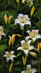 serene garden scene, highlighting a cluster of blooming lilies surrounded by lush green foliage, evoking a sense of peace and harmony