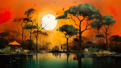 Landscape - sunset, landscape, trees, reflection, water, silhouettes, serene, nature, peaceful, sky, sun, dusk, tranquility, colorful, horizon, outdoors