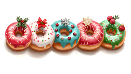 Obraz premium Illustration of Christmas donuts decorated in festive colors with sweet fondant, marzipan, and sugar decorations