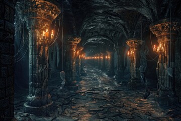 A dimly lit tunnel with a stone floor