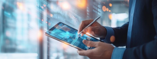 Businessman using tablet with growth graph and financial data on screen