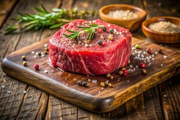 Juicy raw filet mignon steak, cut to perfection, seasoned with freshly ground black pepper and flaky salt, atop a rustic wooden cutting board, ready to grill.